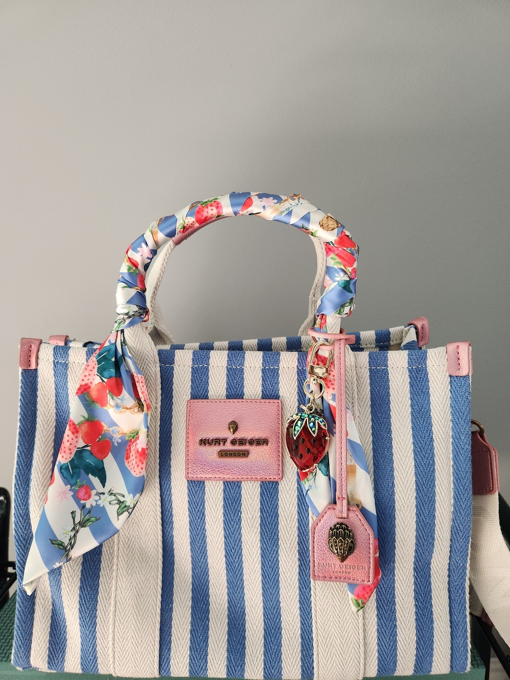 New Kurt Geiger Blue & Pink Striped Canvas Tote with Strawberry Charm